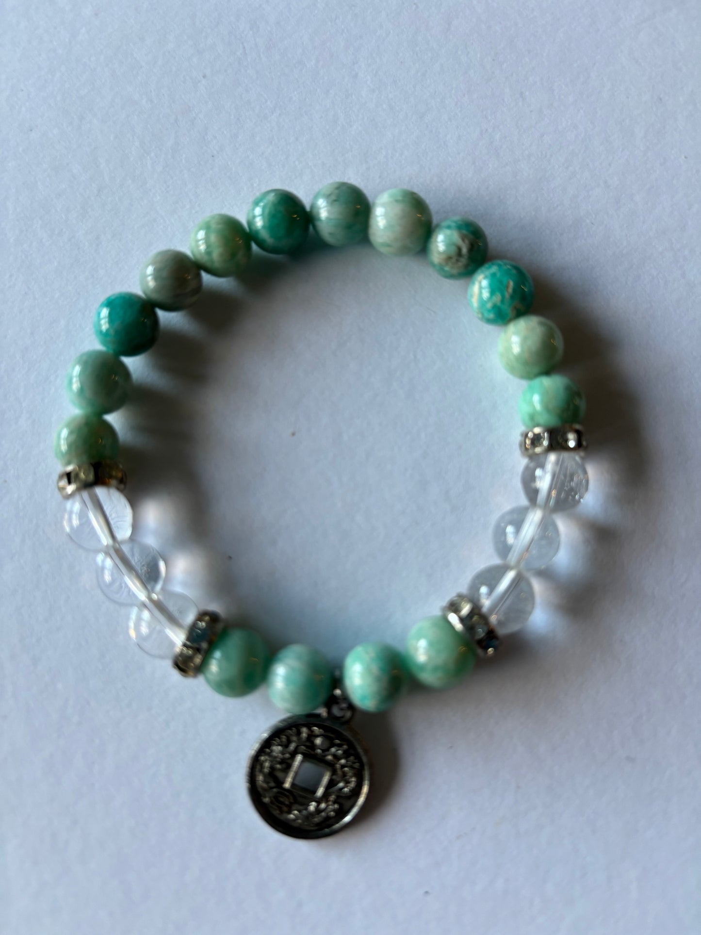 8 MM Amazonite & Clear Quartz Stretch Bracelet with Charm