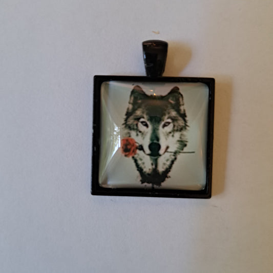 Wolf Face with Rose Pendant