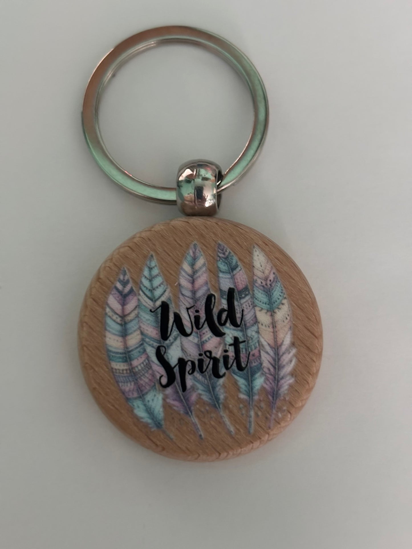 Wild Spirit Wooden Keychain with Feather Design