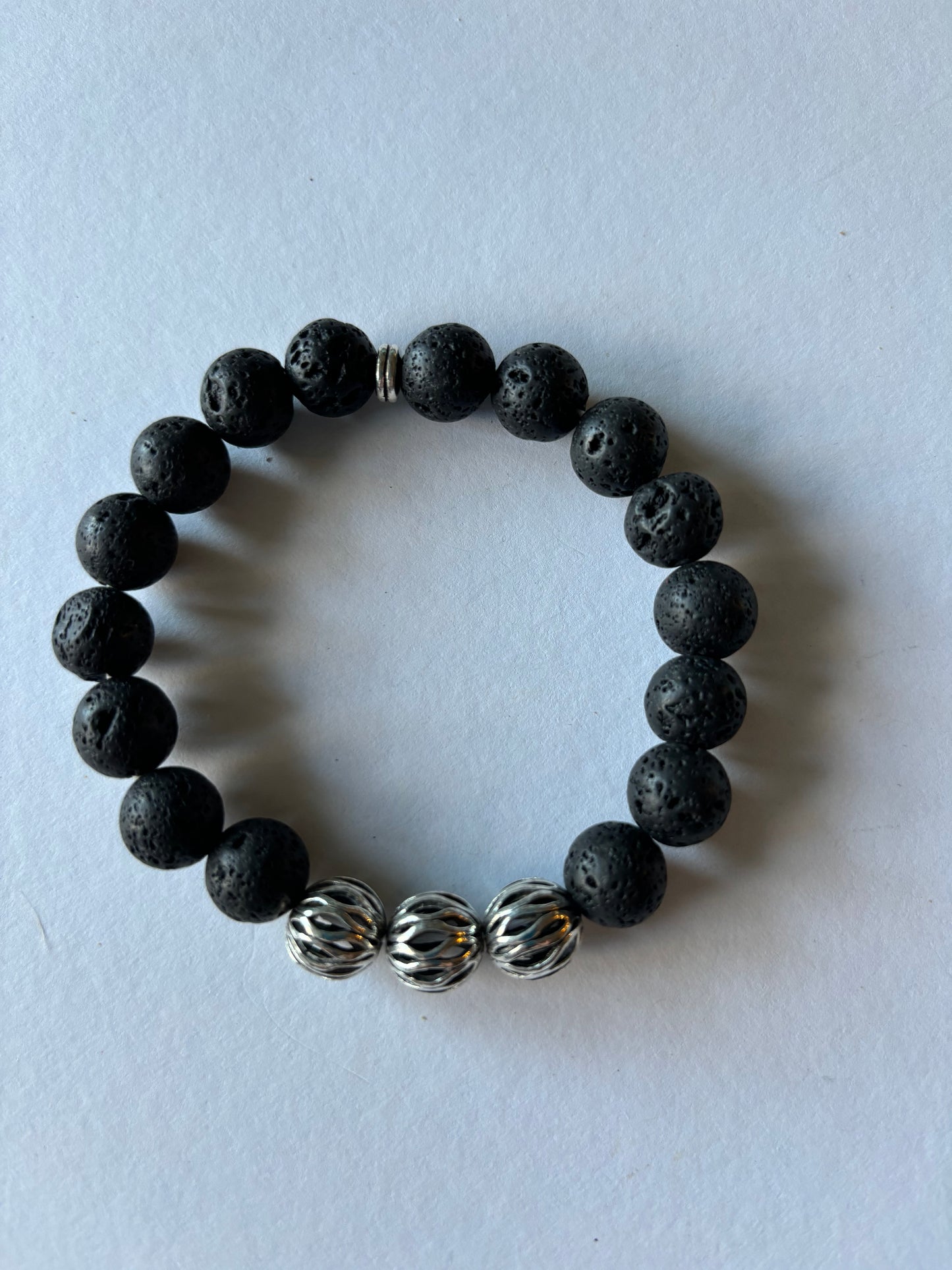 8 MM Black Lava Bead Stretch Bracelet with Silver Beads