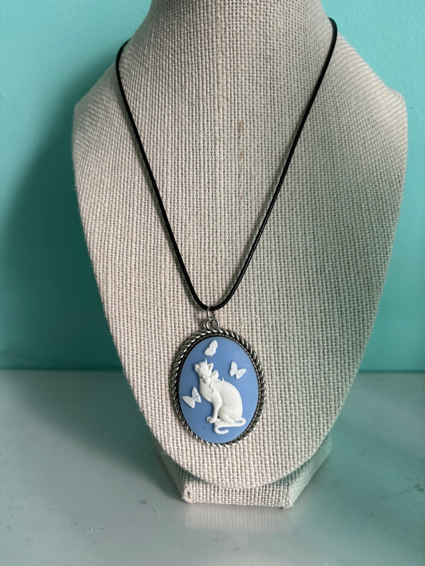 Cat with Butterflies Cameo Necklace