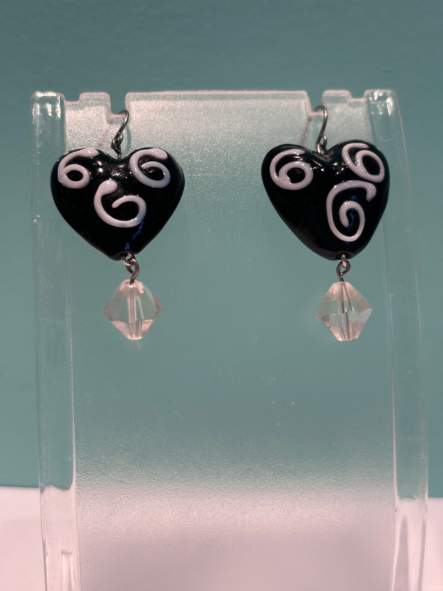 Black and White Heart Earrings with Crystal