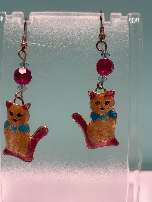 Cat Earrings with Red Crystal